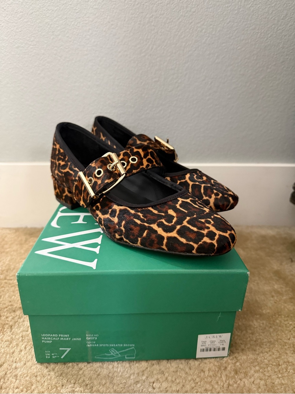 J. Crew Leopard-Print Mary Jane Flats with Gold Buckles